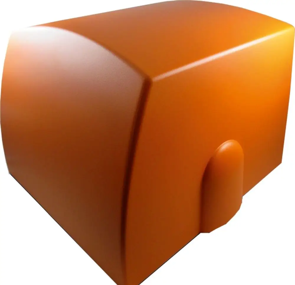 Orangefarbene Schalldämmhaube von Wolf, mit abgerundeten Kanten und einem Scharnier, geeignet für technische Anwendungen.